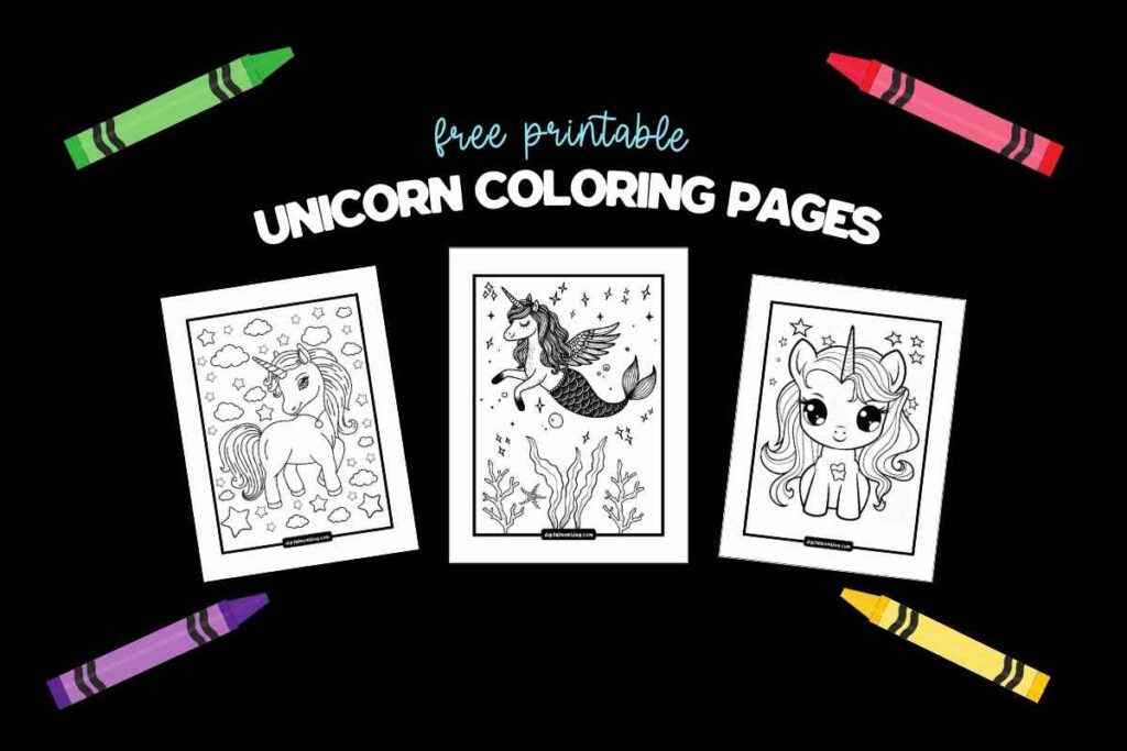 unicorn coloring pages A collection of three unicornthemed coloring pages is displayed against a black background, with the title 'Free Printable Unicorn Coloring Pages.' The pages feature different unicorn designs, including one with wings and a mermaid tail in the center. Surrounding the images are colorful crayons in green, red, purple, and yellow.