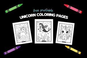 A collection of three unicornthemed coloring pages is displayed against a black background, with the title 'Free Printable Unicorn Coloring Pages.' The pages feature different unicorn designs, including one with wings and a mermaid tail in the center. Surrounding the images are colorful crayons in green, red, purple, and yellow.