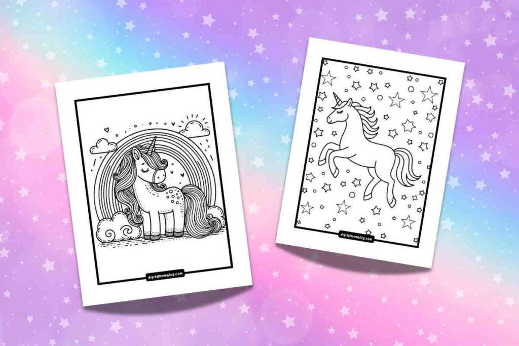 unicorns coloring pages Two unicornthemed coloring pages with one featuring a unicorn standing under a rainbow and clouds, and the other showing a unicorn leaping among stars, set against a colorful starry background.