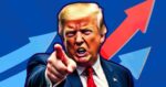 Donald Trump in a suit is pointing forward with an intense expression, set against a background of upwardpointing red and blue arrows as a feature image for Trump Tariff Memes.