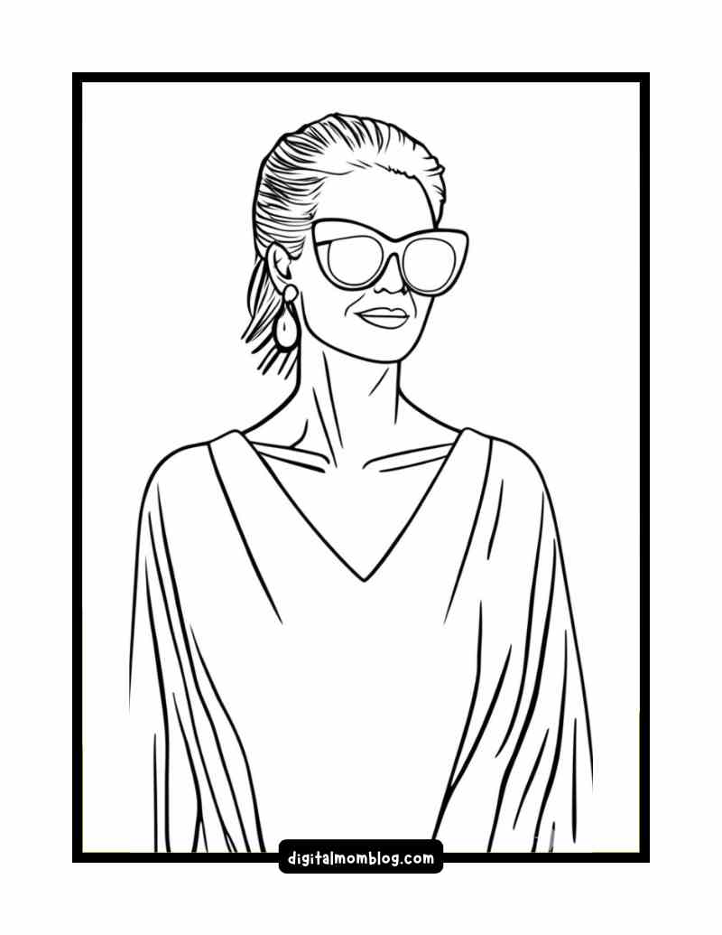 victoria ratcliff white lotus coloring page Line drawing coloring page of a woman Victoria Ratcliff from White Lotus with sweptback hair wearing large sunglasses, drop earrings, and a Vneck top.