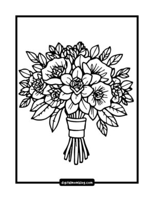 Black and white line drawing of a bouquet of flowers, featuring various types of flowers and leaves tied together with a ribbon.