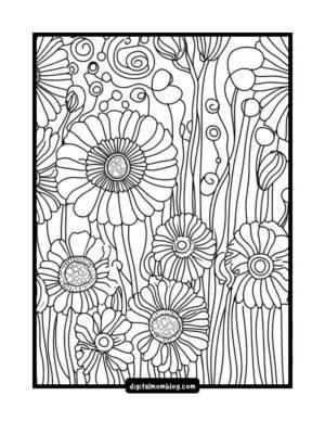 Black and white floral coloring page featuring large, detailed flowers with swirling lines and dots in the background.