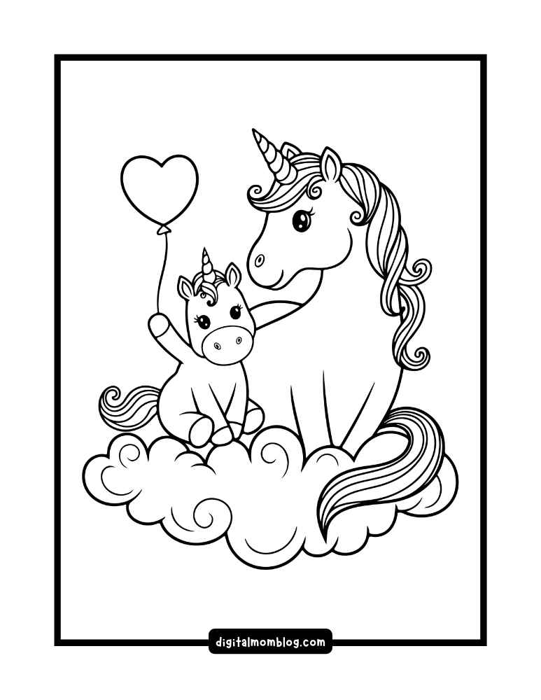 A coloring page featuring a large unicorn and a small unicorn sitting on a cloud; the smaller unicorn holds a heartshaped balloon.