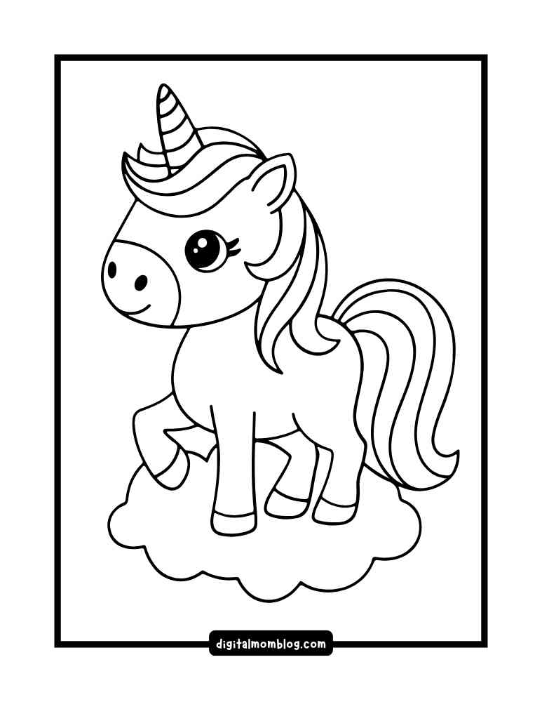 Illustration of a cute unicorn standing on a cloud, with a spiraled horn and flowing mane and tail, set within a rectangular border.