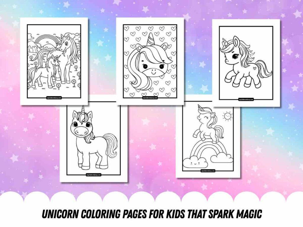 Five unicorn coloring pages featuring different unicorn illustrations, including unicorns with rainbows, hearts, and clouds, set against a pastel gradient background with stars.