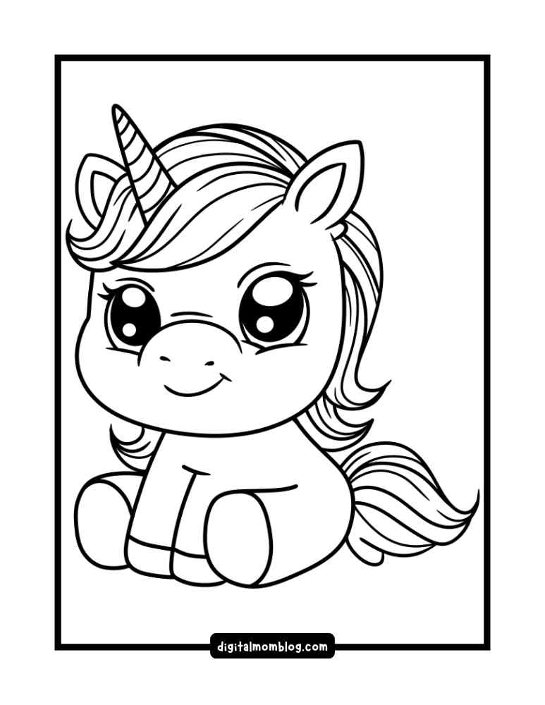 A cute cartoon unicorn coloring page featuring a smiling unicorn with large eyes, a spiraled horn, and a flowing mane and tail. The unicorn is sitting and has a playful expression.