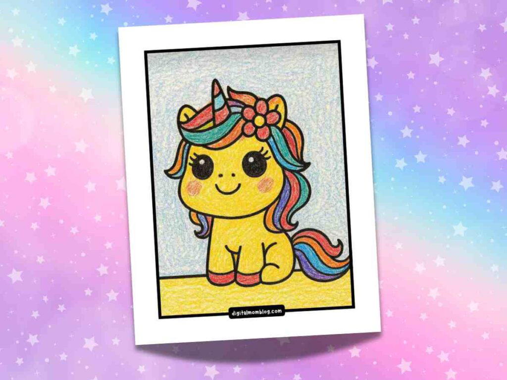 Colorful drawing of a cute baby unicorn with a yellow body, a multicolored mane and tail in shades of pink, blue, and orange, and large, cheerful eyes, set against a soft gradient starry background.
