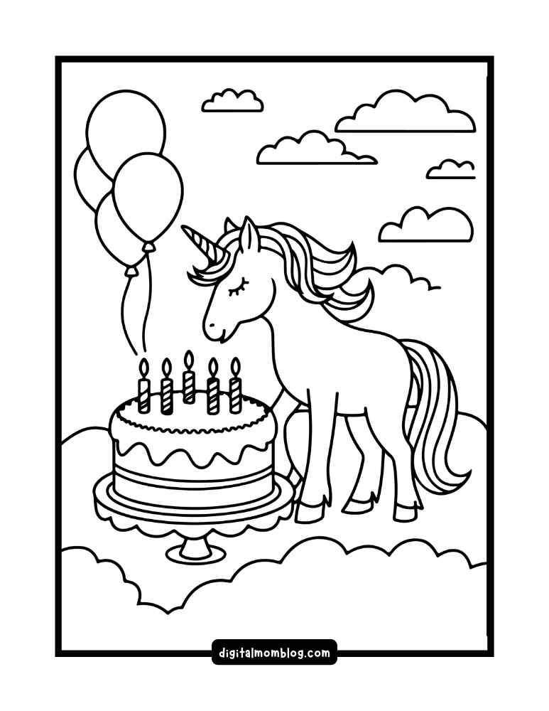 A coloring page illustration featuring a unicorn next to a birthday cake with six lit candles, three balloons, and clouds in the background.