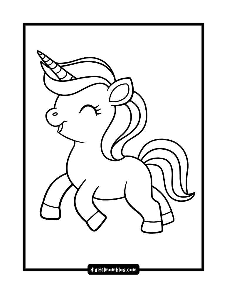 A bold and easy baby unicorn coloring sheet featuring a illustration of a smiling unicorn with a curved mane and tail, a single spiraled horn, and closed eyes, jumping playfully.