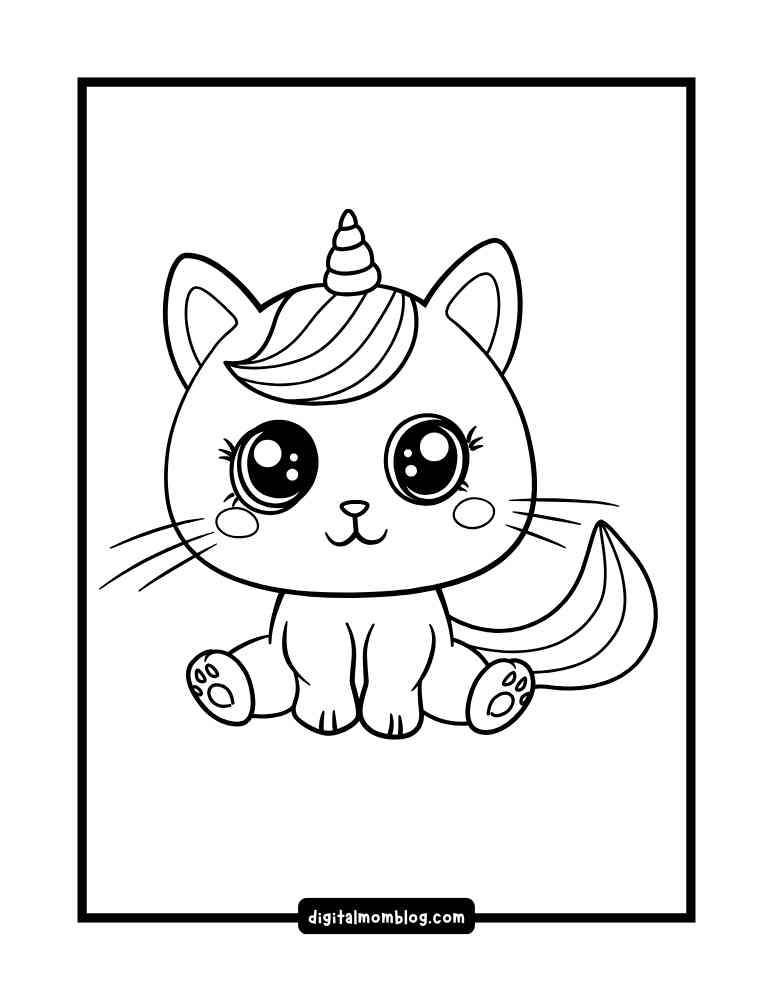 A cute cat baby unicorn coloring page cartoon drawing of a chubby unicorn cat sitting with big eyes, a small horn on its head, and a bushy tail, surrounded by a simple rectangular border.