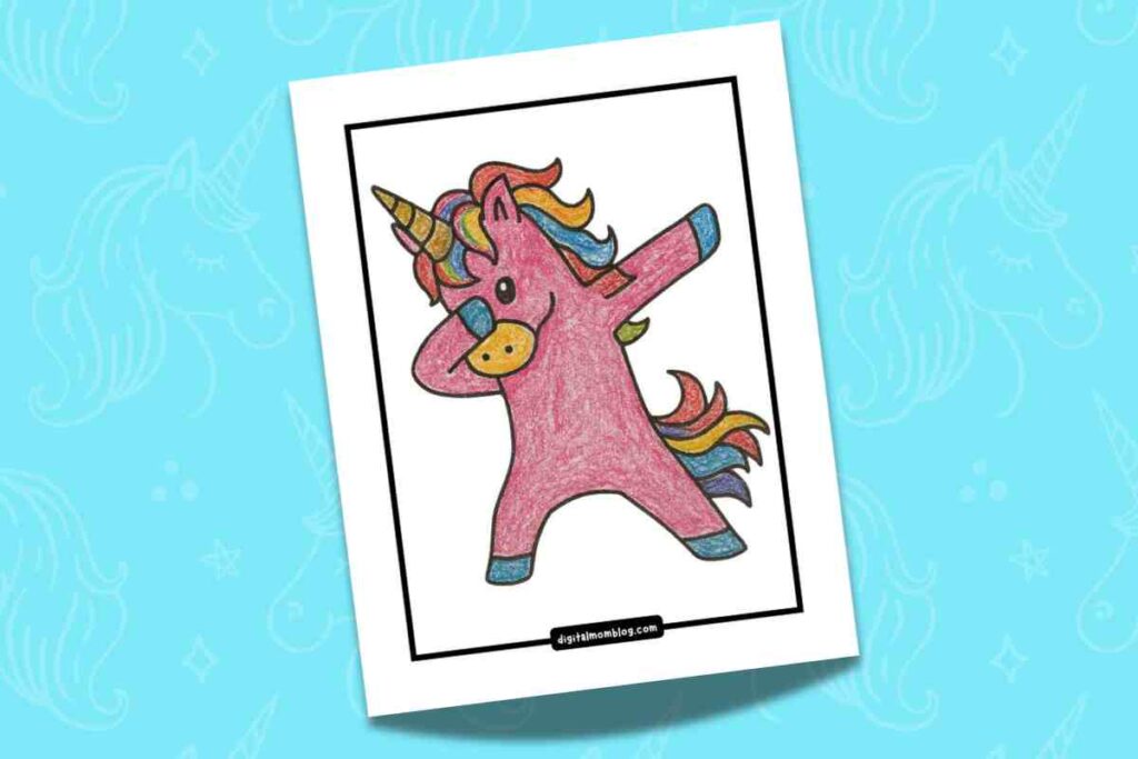 color dabbing unicorn coloring page A colorful drawing of a unicorn doing the dabbing dance pose. The unicorn is pink with a rainbow mane and tail, and it has its left arm bent across its face and right arm pointing upwards. The drawing is set against a light blue background featuring subtle unicorn patterns.