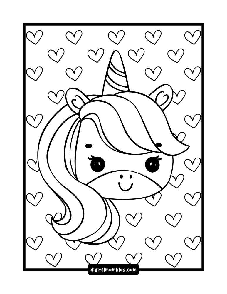 Black and white baby unicorn coloring page featuring a cute unicorn head with a flowing mane, surrounded by a pattern of small, outlined hearts.