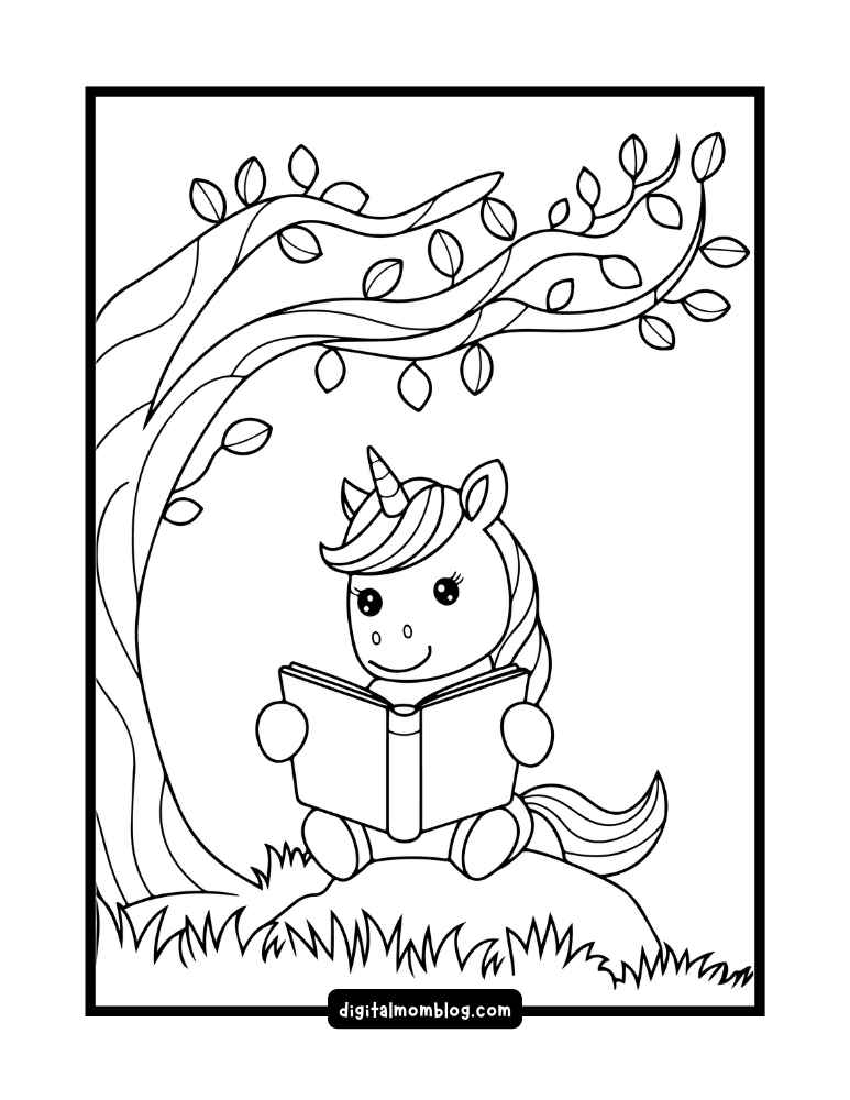 A coloring page depicting a cute unicorn sitting on grass, holding and reading a book beneath a tree with flowing branches and leaves.