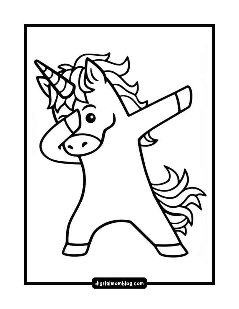 A black and white coloring page of a cartoon unicorn performing the dab pose, featuring its mane, tail, and horn in simple outlines.