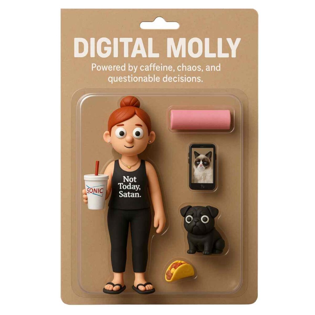 Digital Molly: author, meme creator, editor of Digital Mom Blog. A digital caricature figurine set titled 'Digital Molly,' featuring a cartoon character with red hair in a bun, wearing a black tank top with 'Not Today, Satan' text, holding a beverage cup labeled 'Sonic.' The set includes a small black dog, a taco, a pink object, and a smartphone displaying a grumpy cat image, all set against a cardboard background.