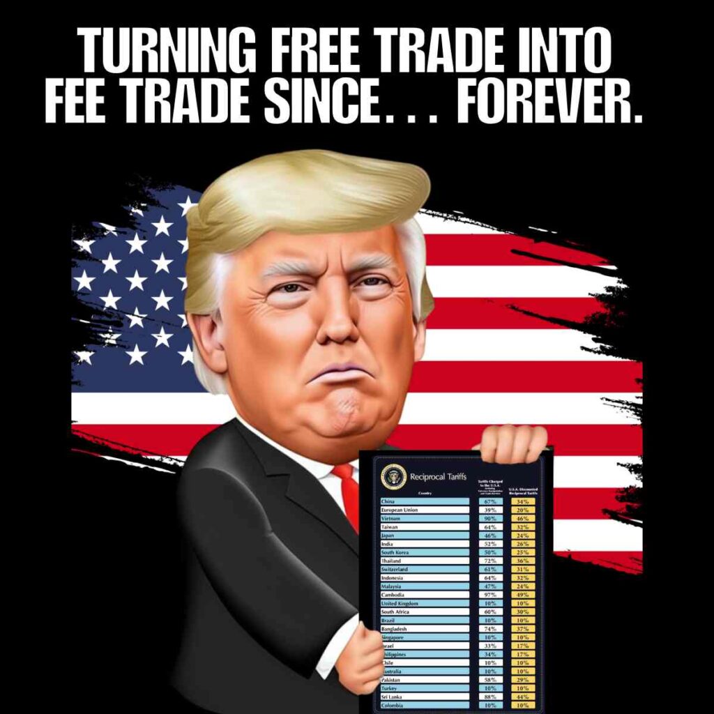 donald trump reciprocal tariff chart meme A cartoon caricature of a man in a suit holding a chart labeled 'Reciprocal Tariffs,' standing in front of a stylized American flag. The text above reads, 'TURNING FREE TRADE INTO FEE TRADE SINCE... FOREVER.'