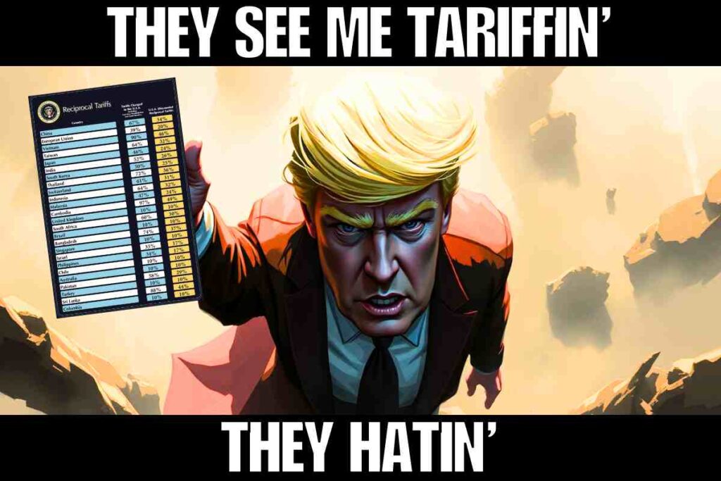 donald trump tariffs meme A cartoon figure resembling a political leader is flying upward holding a chart labeled 'Reciprocal Tariffs,' with the text 'THEY SEE ME TARIFFIN’ THEY HATIN’' above and below the image.