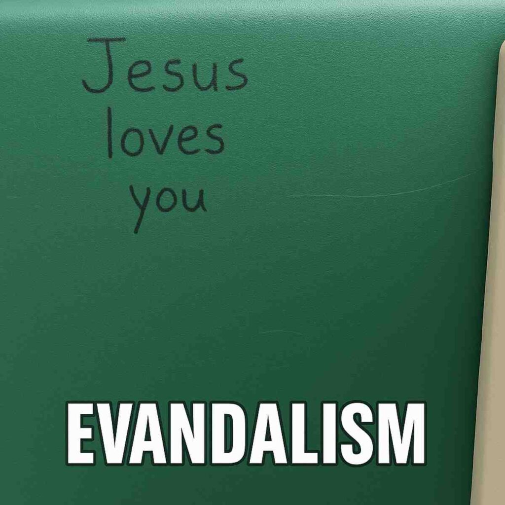 Jesus Loves You Meme evandalism Jesus meme showing graffiti on a green wall with the words 'Jesus loves you' written in black marker, and the term 'EVANDALISM' in bold white letters below.