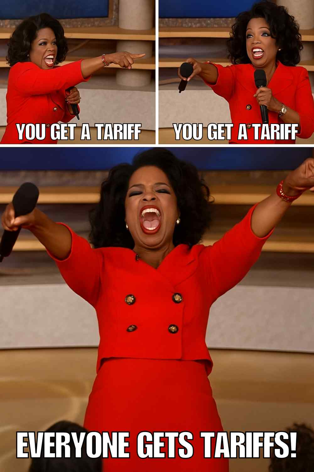 everyone gets tariffs meme A meme featuring three images of a woman excitedly pointing while holding a microphone and shouting. Top text reads "YOU GET A TARIFF," middle image also reads "YOU GET A TARIFF," and bottom text reads "EVERYONE GETS TARIFFS!"