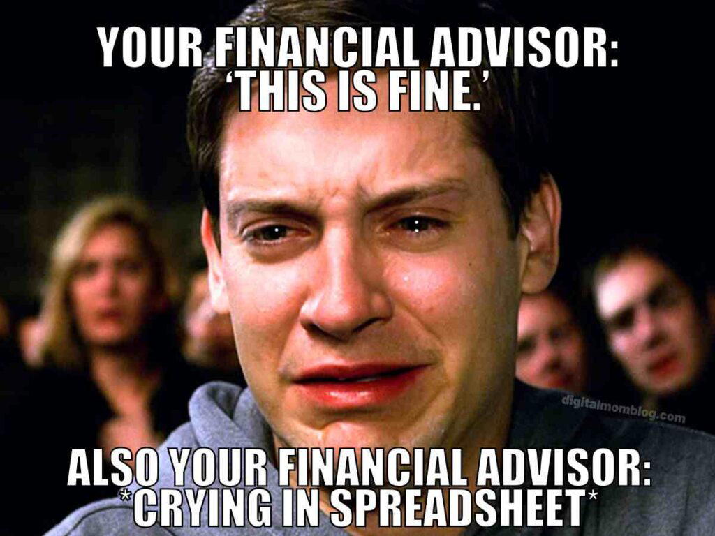 financial advisor meme Crying person with meme overlay: "Your financial advisor: 'This is fine.' Also your financial advisor: *Crying in spreadsheet*."