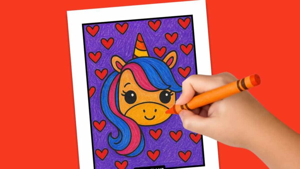 A hand coloring a picture of a baby unicorn with vibrant blue and pink hair on a purple background filled with red hearts, using an orange crayon.
