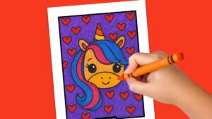 A hand coloring a picture of a baby unicorn with vibrant blue and pink hair on a purple background filled with red hearts, using an orange crayon.