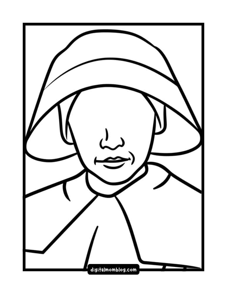 handmaid coloring page Handmaid coloring page of a woman wearing a bonnet and cloak, with facial features outlined minimally, set in a rectangular frame.