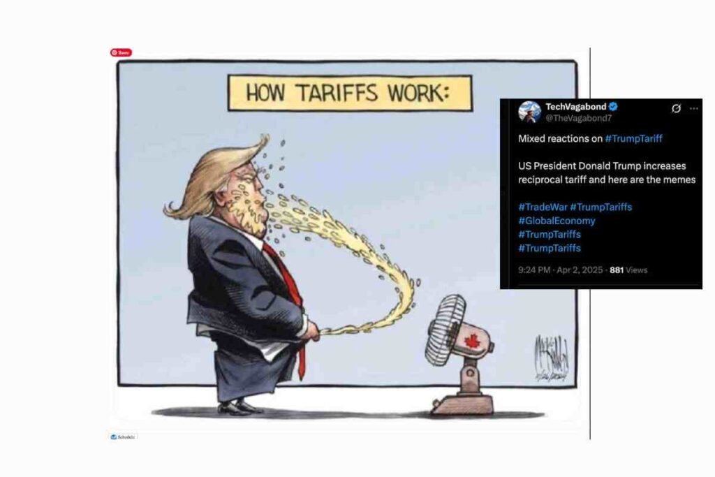 how tariffs work meme A political cartoon depicting a man resembling Donald Trump spitting into a fan labeled with a Canadian flag, which blows the spit back onto him. The caption reads "HOW TARIFFS WORK." Beside it, a tweet discusses mixed reactions to Trump's tariff increases, including associated hashtags like #TrumpTariffs and #TradeWar.