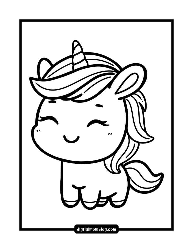 A cute cartoon unicorn coloring page featuring a smiling unicorn with a prominent horn, closed eyes, and wavy mane and tail.