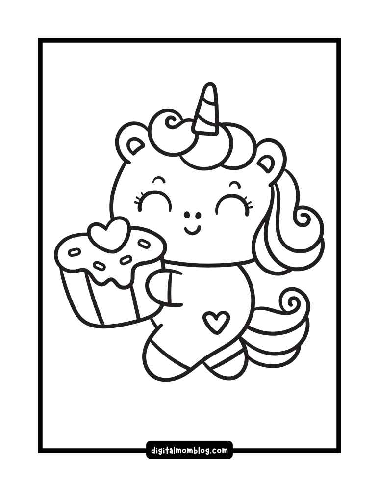 A cute cartoon unicorn with closed eyes, wearing a heartembellished outfit, holding a cupcake with a heart on top.