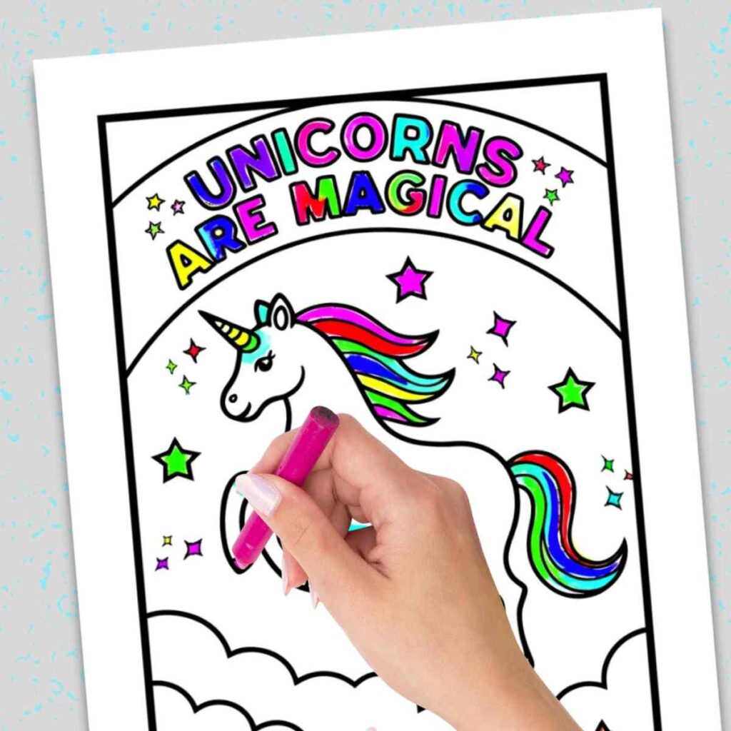 kids coloring pages unicorn A coloring page featuring a unicorn with a rainbow mane and tail, surrounded by stars and clouds. The words "UNICORNS ARE MAGICAL" are displayed at the top in colorful letters. A hand is shown coloring with a pink crayon.