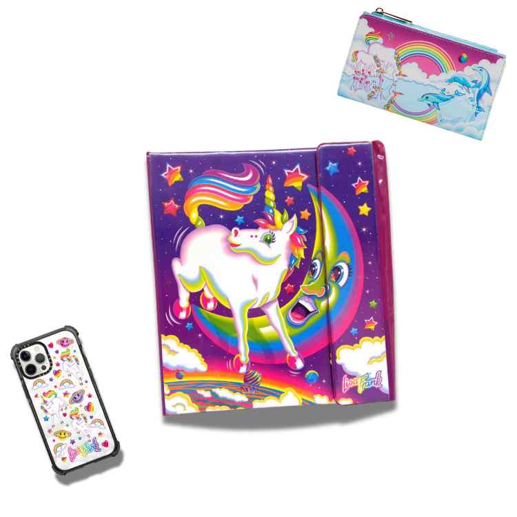 lisa frank unicorns Colorful collection of Lisa Frank unicornthemed items including a binder with a rainbow unicorn and moon design, a zippered pouch with dolphins and a rainbow, and a phone case featuring various unicorn and rainbow motifs.