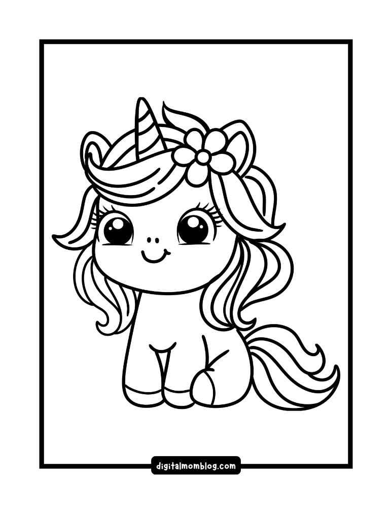 A LOL baby unicorn coloring page with an illustration of a cute baby unicorn with large eyes, a flower on its head, and a swirling tail, sitting down.