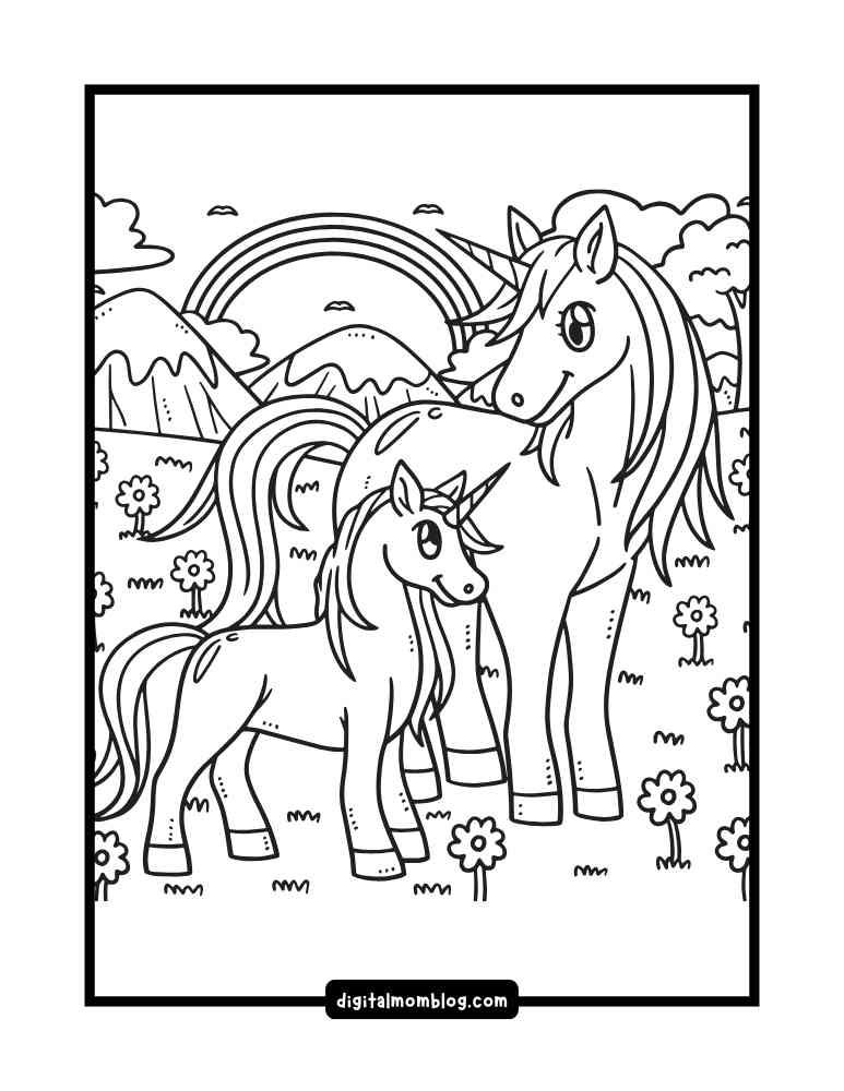 Black and white coloring page of two unicorns standing in a field with flowers, a rainbow, and mountains in the background.