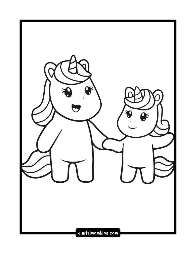 A black and white illustration of two cartoon unicorns holding hands, each with a horn, mane, and tail, set against a plain background.