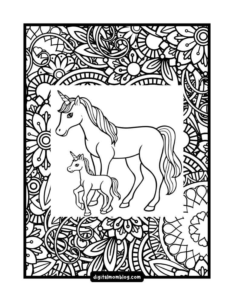 A black and white coloring page depicting an adult unicorn and a foal unicorn standing together. They have flowing manes and tails and are set against an intricate floral and paisley pattern border.