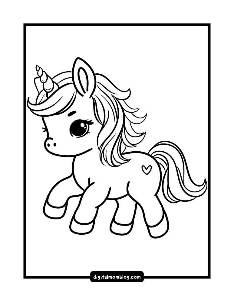 A black and white my little pony baby unicorn coloring page of a cute unicorn with a flowing mane, a heart on its hindquarters, and a playful expression, framed by a rectangular border.