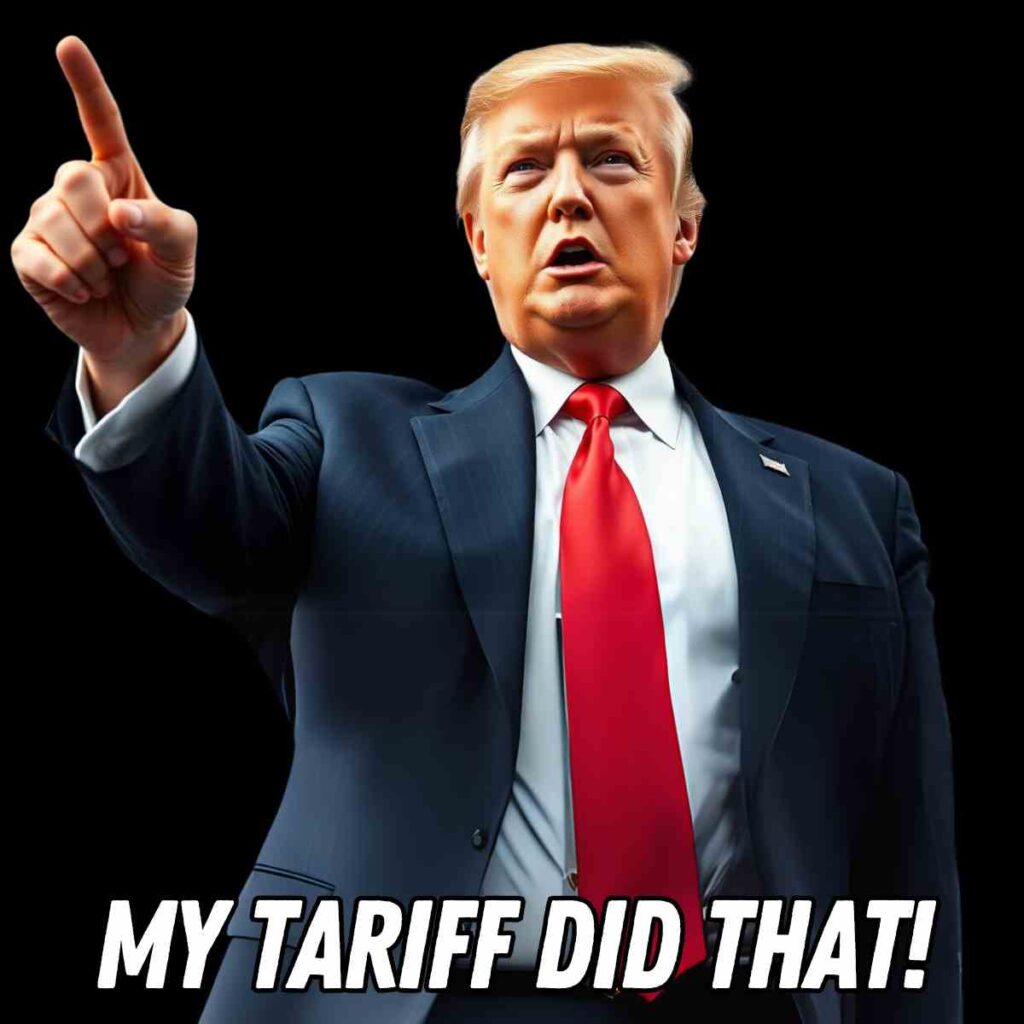 my tariff did that meme Donald Trump in a suit with a red tie points upward with an assertive expression, against a black background, with the text "MY TARIFF DID THAT!" at the bottom.