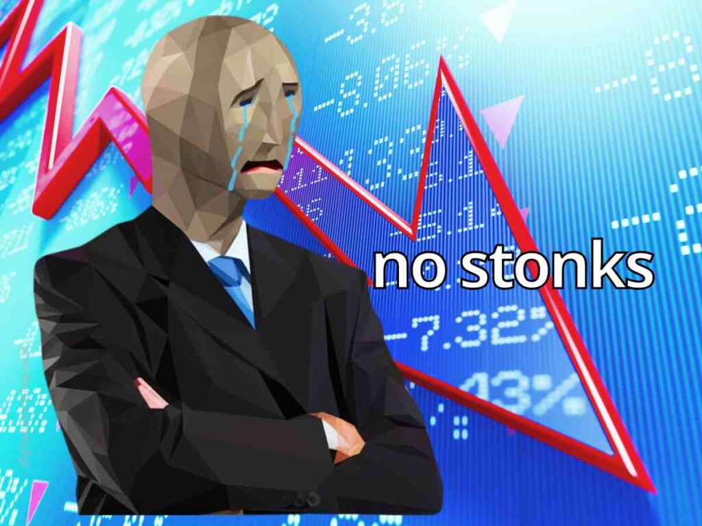 no stonks meme A stonks meme stylized, polygonalfaced character in a suit with tears on its face stands in front of a downwardtrending stock market graph, with the text "no stonks" on the right.