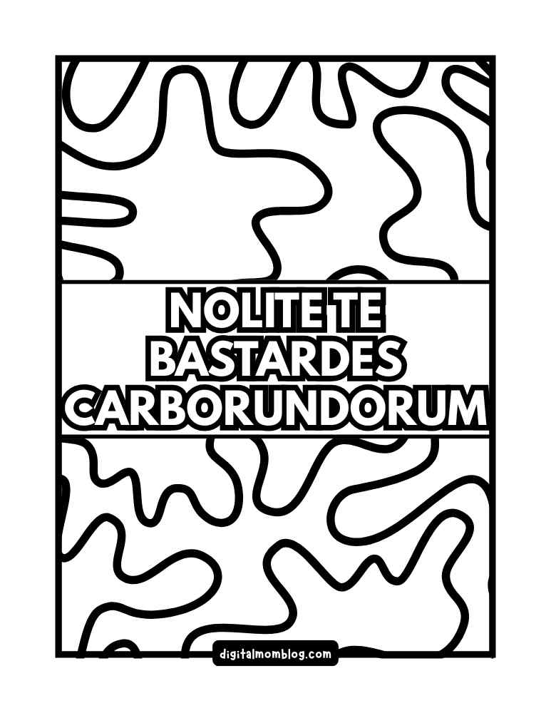 nolite te bastardes coloring page A black and white Handmaid's Tale coloring page with abstract wavy lines as a background and the text "Nolite Te Bastardes Carborundorum" in bold letters in the center.