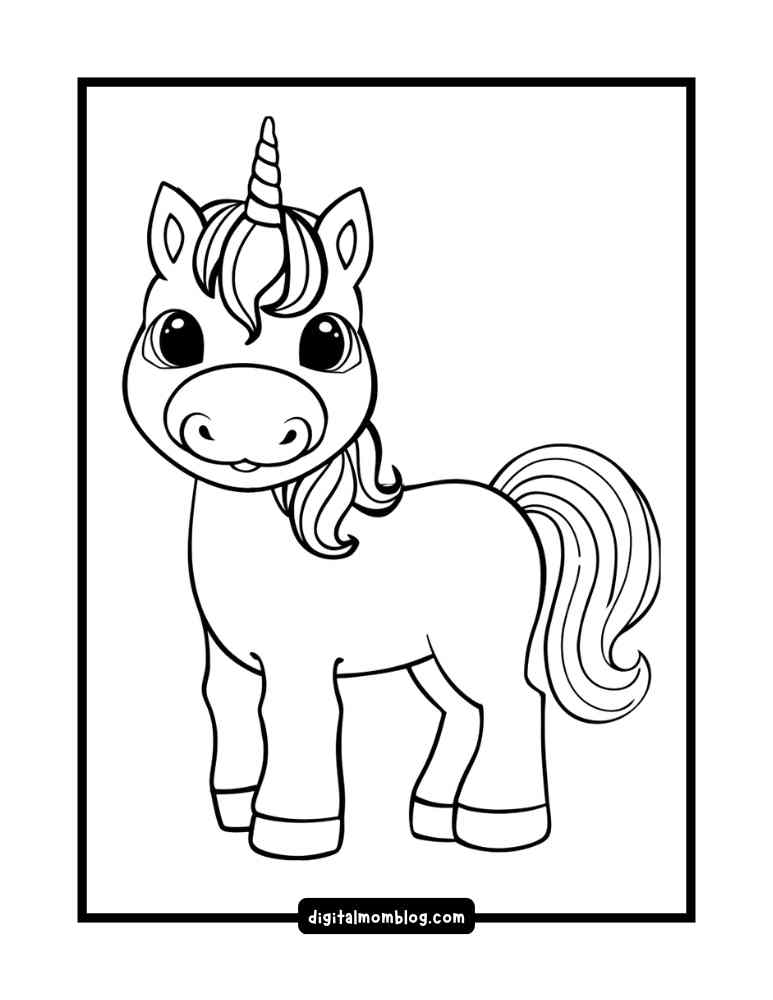 A black and white printable baby unicorn page of a cute cartoon unicorn with a large head, big eyes, a curly mane, and a tufted tail, framed within a rectangle.