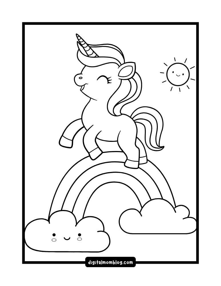 A cartoon unicorn with a flowing mane and a horn, standing on a rainbow that arches over two smiling clouds, with a smiling sun in the corner of the image.