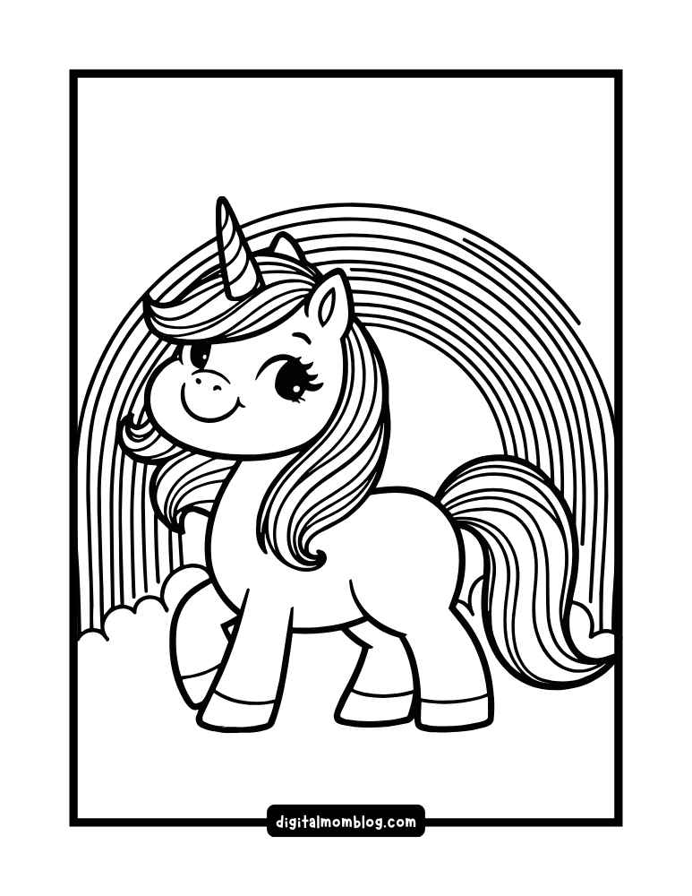 A coloring page featuring a smiling unicorn with a flowing mane and tail, standing in front of a rainbow.