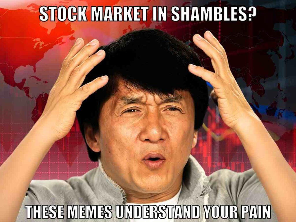 stock market down memes A confused man with hands raised, overlaid with text: "Stock market in shambles? These memes understand your pain." The background features a red map and stock market graph.