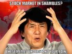 A confused man with hands raised, overlaid with text: "Stock market in shambles? These memes understand your pain." The background features a red map and stock market graph.