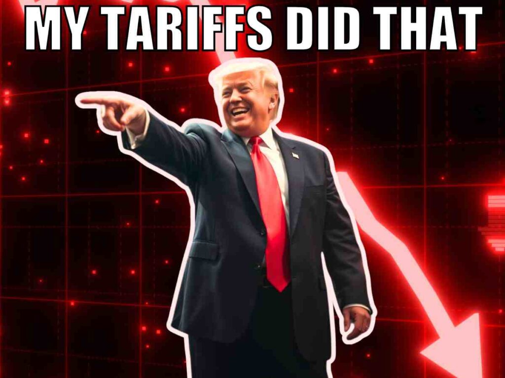 stock market tariffs meme A trump stock market tariffs meme showing donald in a suit points with a smiling expression against a background of a downward trending arrow and red grid, with the text 'MY TARIFFS DID THAT' at the top.