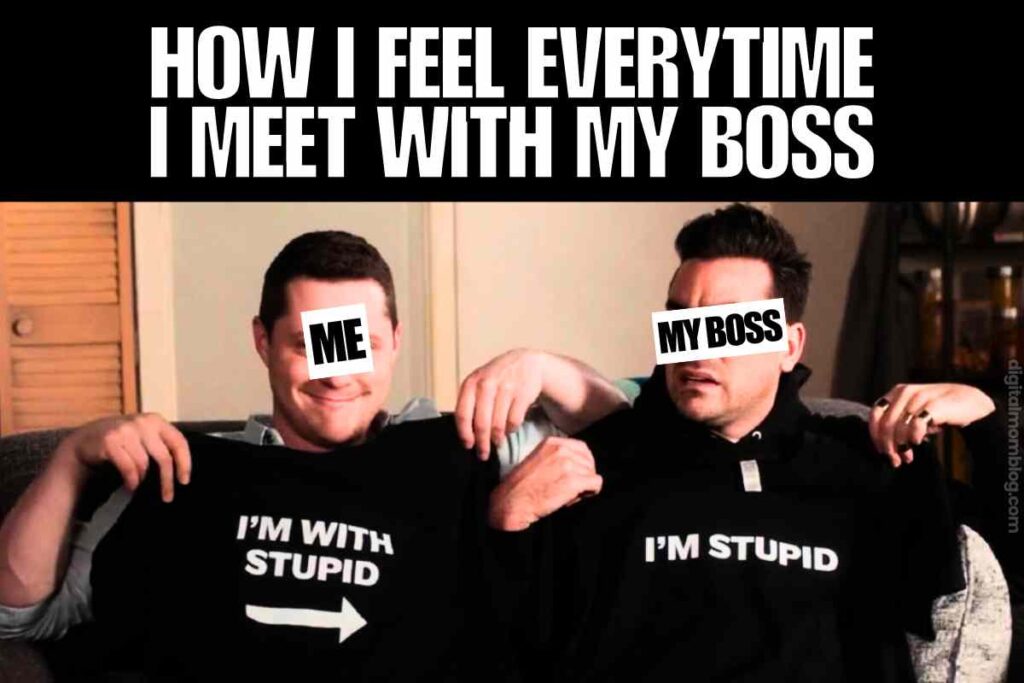 stupid boss meme Two people sitting on a couch with text labels 'ME' and 'MY BOSS' over their faces. The person labeled 'ME' holds a shirt that says 'I'M WITH STUPID' with an arrow pointing towards the other person, who holds a shirt that says 'I'M STUPID.' Above them, text reads "HOW I FEEL EVERYTIME I MEET WITH MY BOSS."