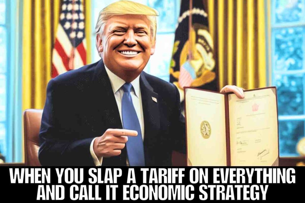 tariff economic policy meme A man with a large smile is sitting at a desk in an official office, holding up a signed document. A caption below reads, "When you slap a tariff on everything and call it economic strategy."