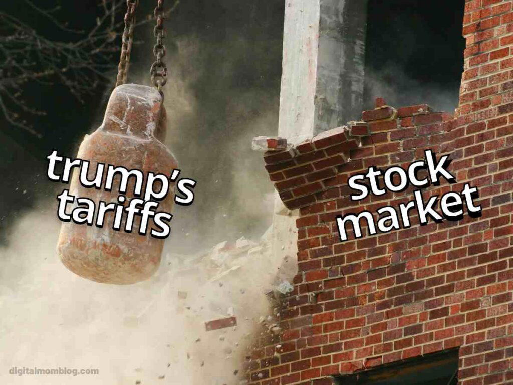 tariff stock market meme A trump stock market meme showing a wrecking ball labeled "trump's tariffs" is crashing into a brick wall labeled "stock market."